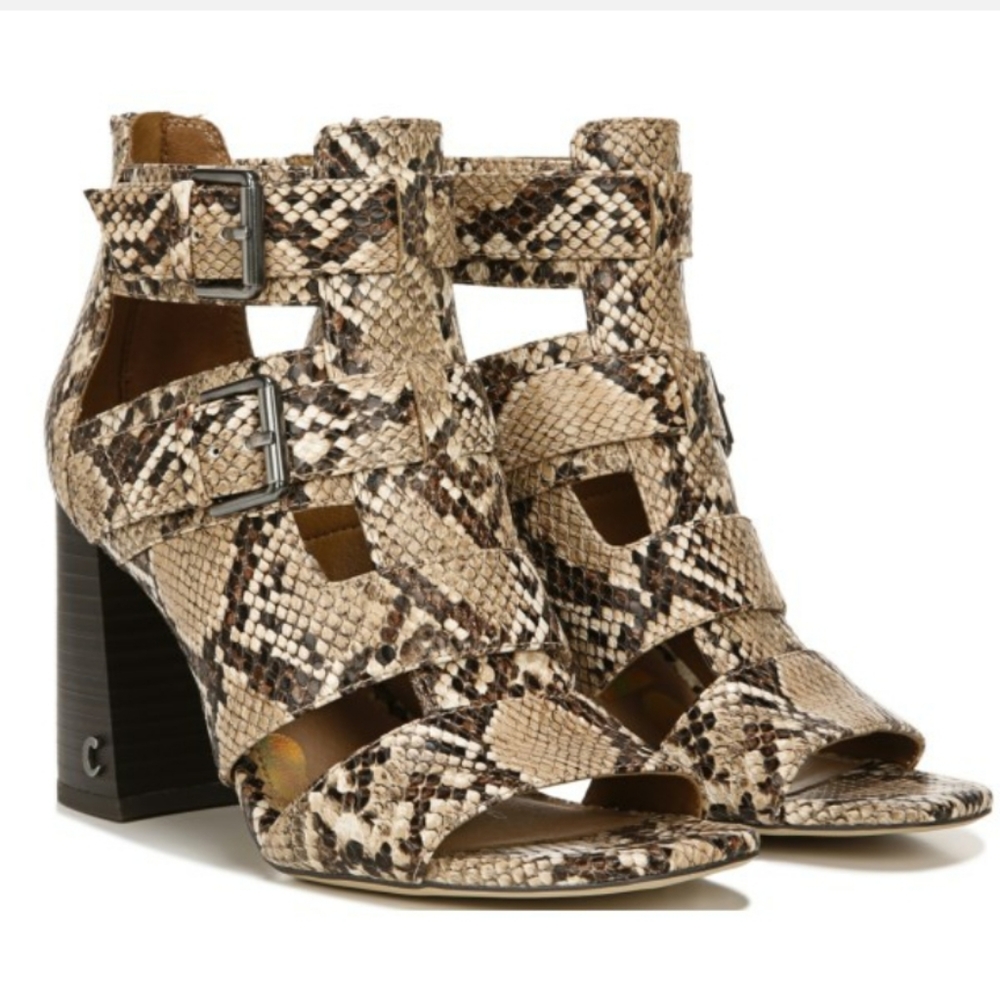 Sam Edelman Ezra Snakeskin Zip Open Toe Heels
